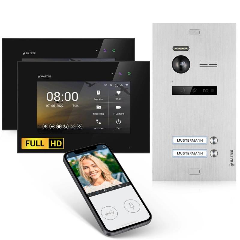 Balter EVO-HD Video-Türsprechanlage mit App für Zweifamilienhaus mit 2x 7 Zoll Monitor Silber-Schwarz von Balter