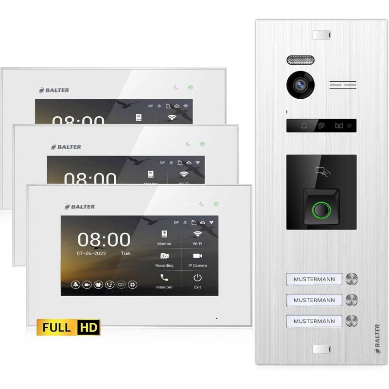 Balter EVO-HD Video-Türsprechanlage mit Fingerprint für Dreifamilienhaus mit 3x 7 Zoll Monitor Silber-Weiß von Balter