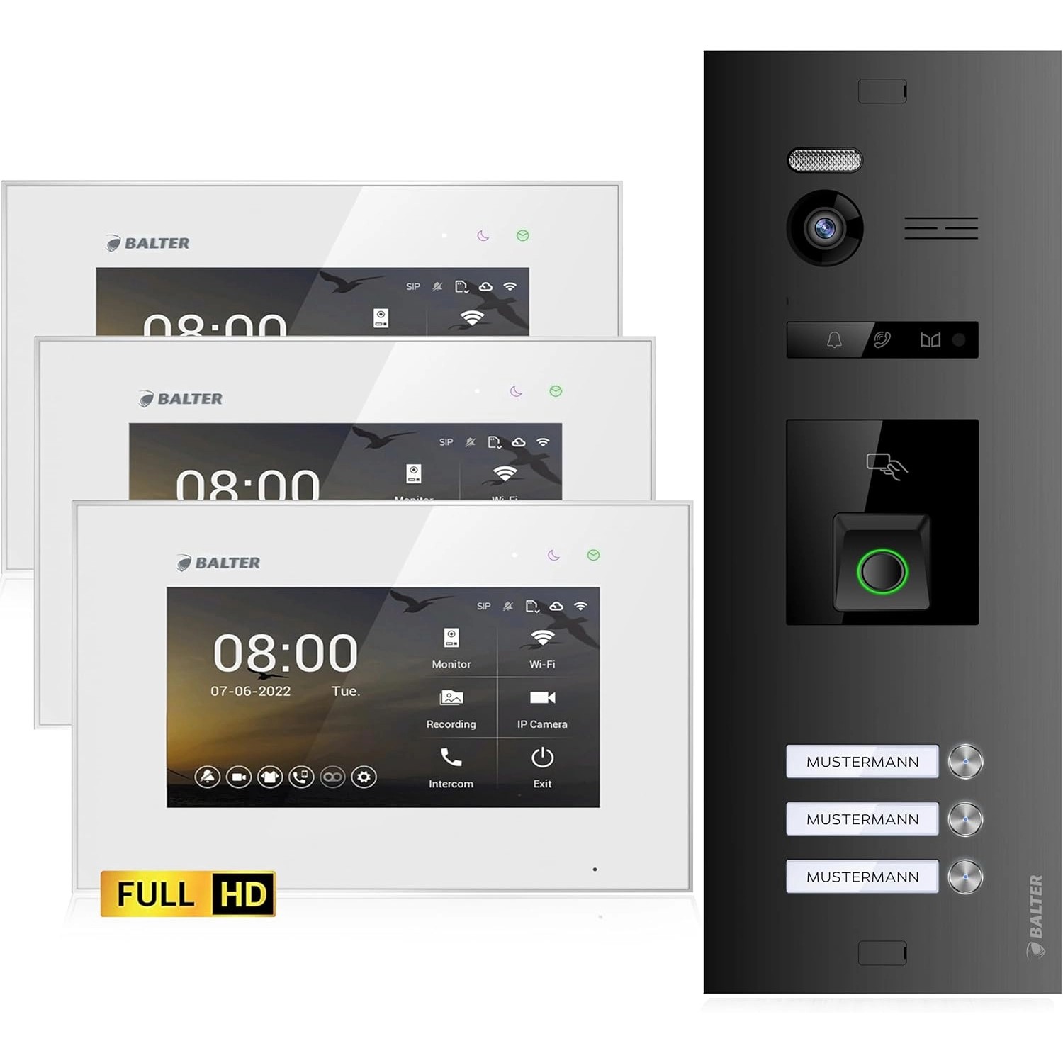 Balter EVO-HD Video-Türsprechanlage mit Fingerprint für Dreifamilienhaus mit 3x 7 Zoll Monitor Weiß-Schwarz Balter EVO-HD Video-Türsprechanlage mit Fingerprint für Dreifamilienhaus mit 3x 7 Zoll Monitor Weiß-Schwarz von Balter