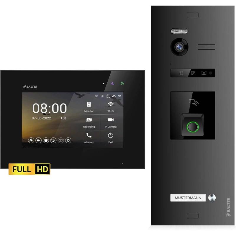 Balter EVO-HD Video-Türsprechanlage mit Fingerprint für Einfamilienhaus mit 1x 7 Zoll Monitor Schwarz von Balter