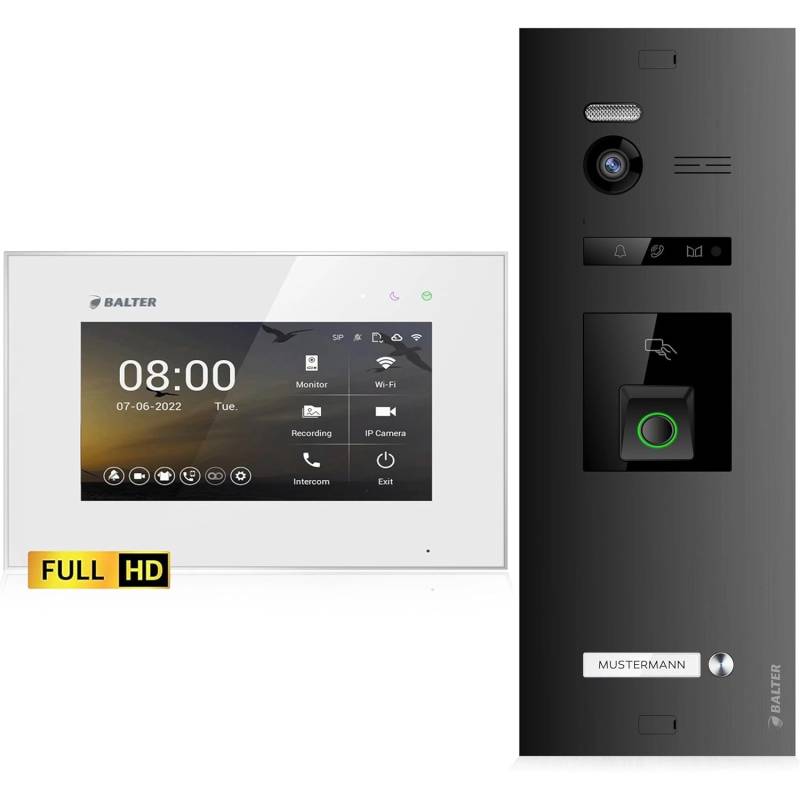 Balter EVO-HD Video-Türsprechanlage mit Fingerprint für Einfamilienhaus mit 1x 7 Zoll Monitor Weiß-Schwarz von Balter
