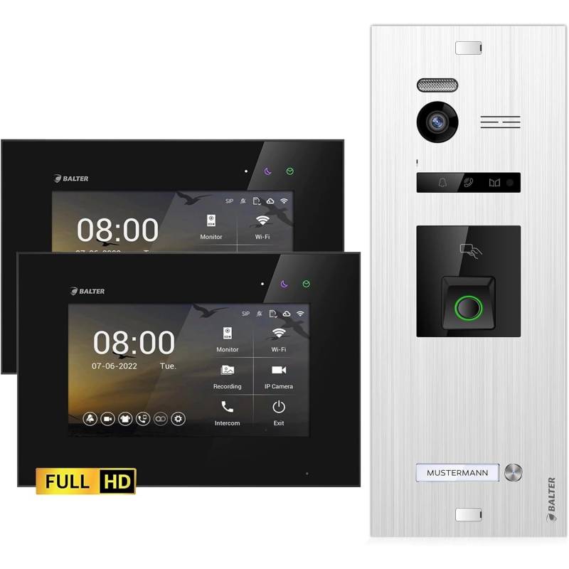 Balter EVO-HD Video-Türsprechanlage mit Fingerprint für Einfamilienhaus mit 2x 7 Zoll Monitor Silber-Schwarz von Balter