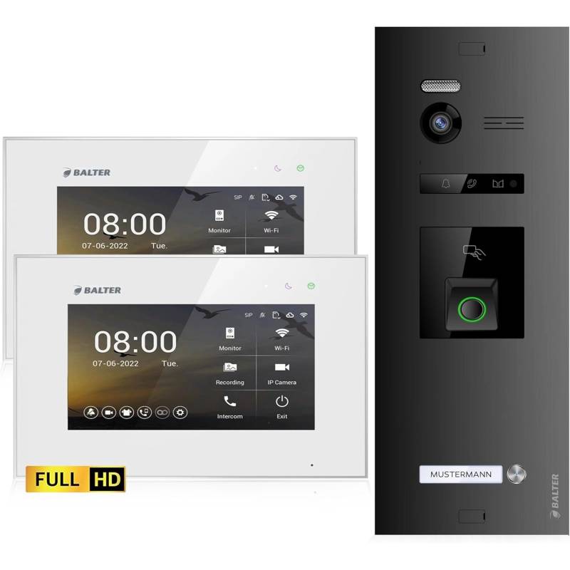 Balter EVO-HD Video-Türsprechanlage mit Fingerprint für Einfamilienhaus mit 2x 7 Zoll Monitor Weiß-Schwarz von Balter