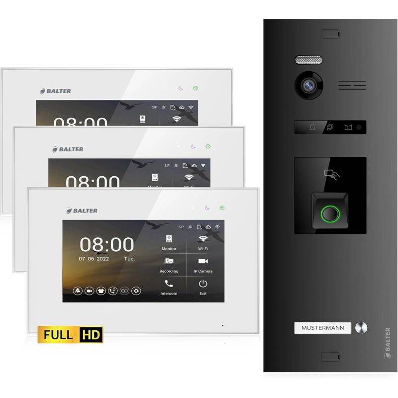 Balter EVO-HD Video-Türsprechanlage mit Fingerprint für Einfamilienhaus mit 3x 7 Zoll Monitor Weiß-Schwarz von Balter