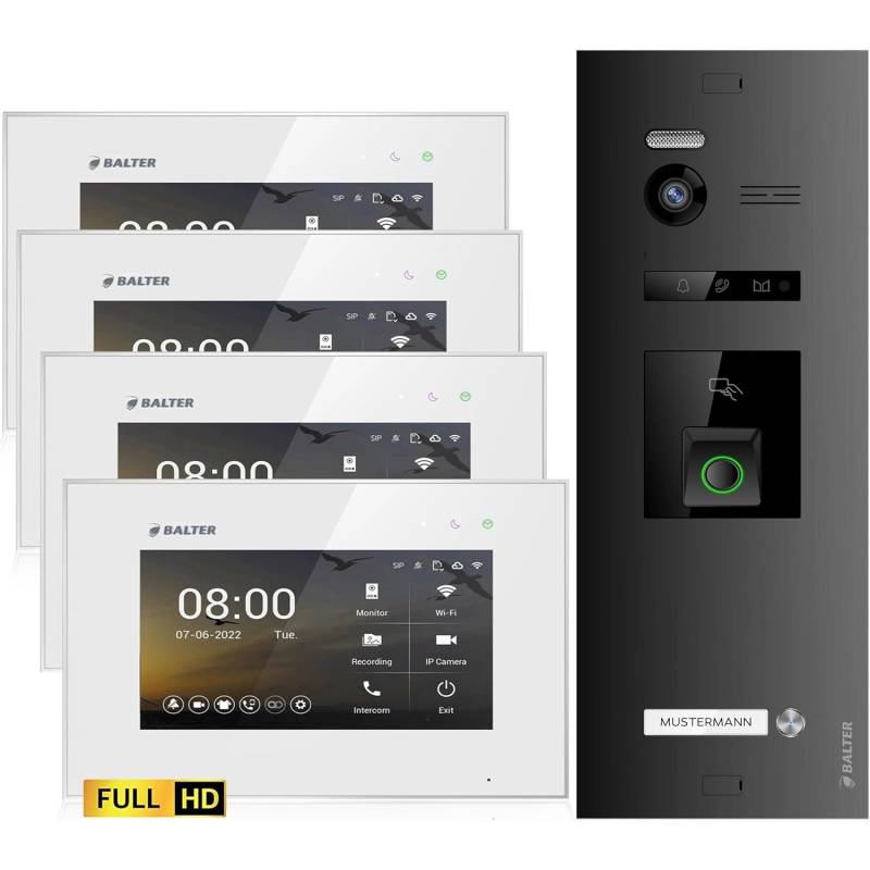 Balter EVO-HD Video-Türsprechanlage mit Fingerprint für Einfamilienhaus mit 4x 7 Zoll Monitor Weiß-Schwarz von Balter