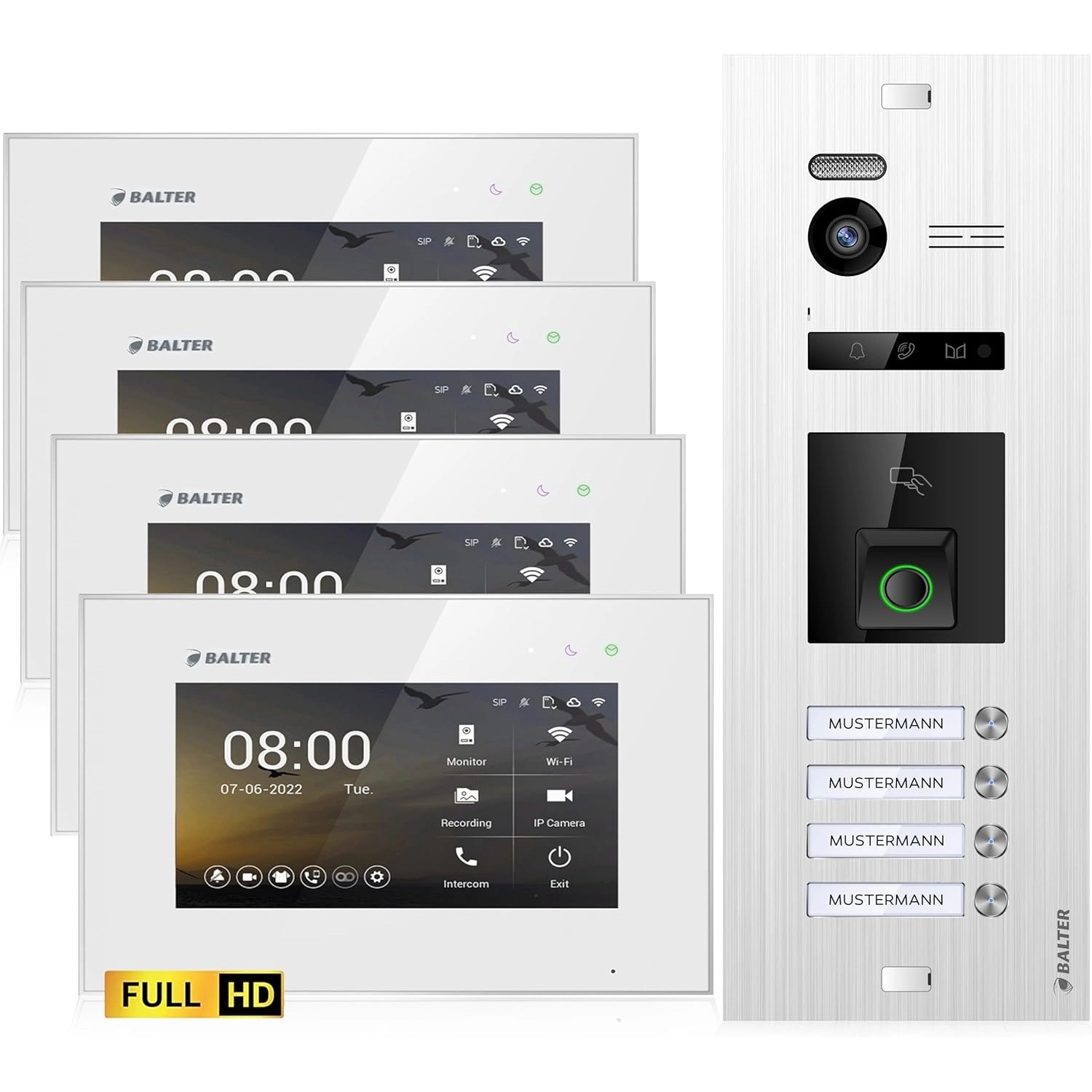 Balter EVO-HD Video-Türsprechanlage mit Fingerprint für Vierfamilienhaus mit 4x 7 Zoll Monitor Silber-Weiß Balter EVO-HD Video-Türsprechanlage mit Fingerprint für Vierfamilienhaus mit 4x 7 Zoll Monitor Silber-Weiß von Balter