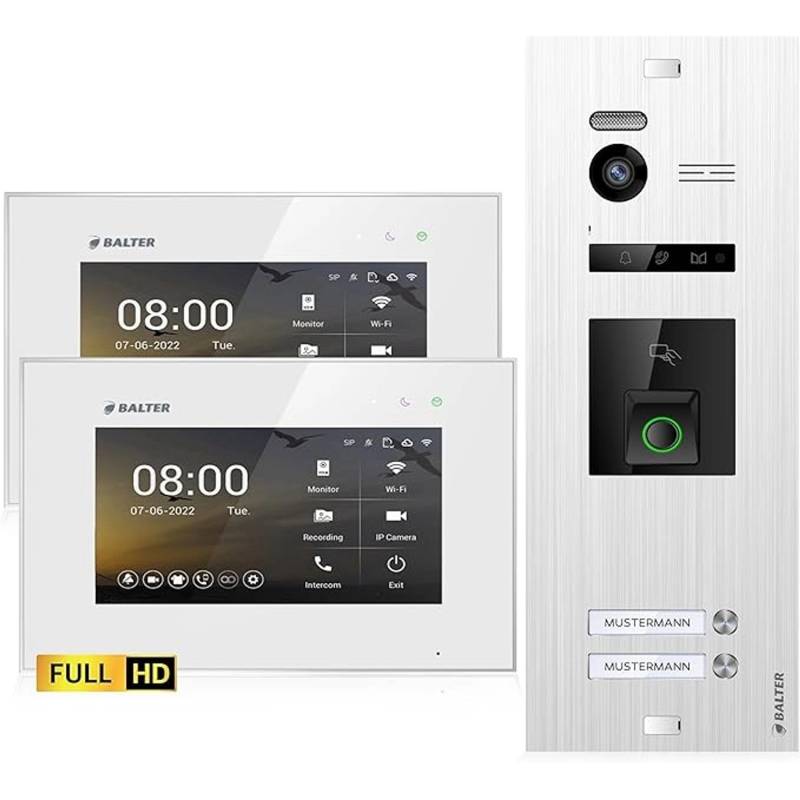Balter EVO-HD Video-Türsprechanlage mit Fingerprint für Zweifamilienhaus mit 2x 7 Zoll Monitor Silber-Weiß von Balter