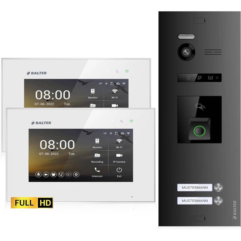 Balter EVO-HD Video-Türsprechanlage mit Fingerprint für Zweifamilienhaus mit 2x 7 Zoll Monitor Weiß-Schwarz von Balter