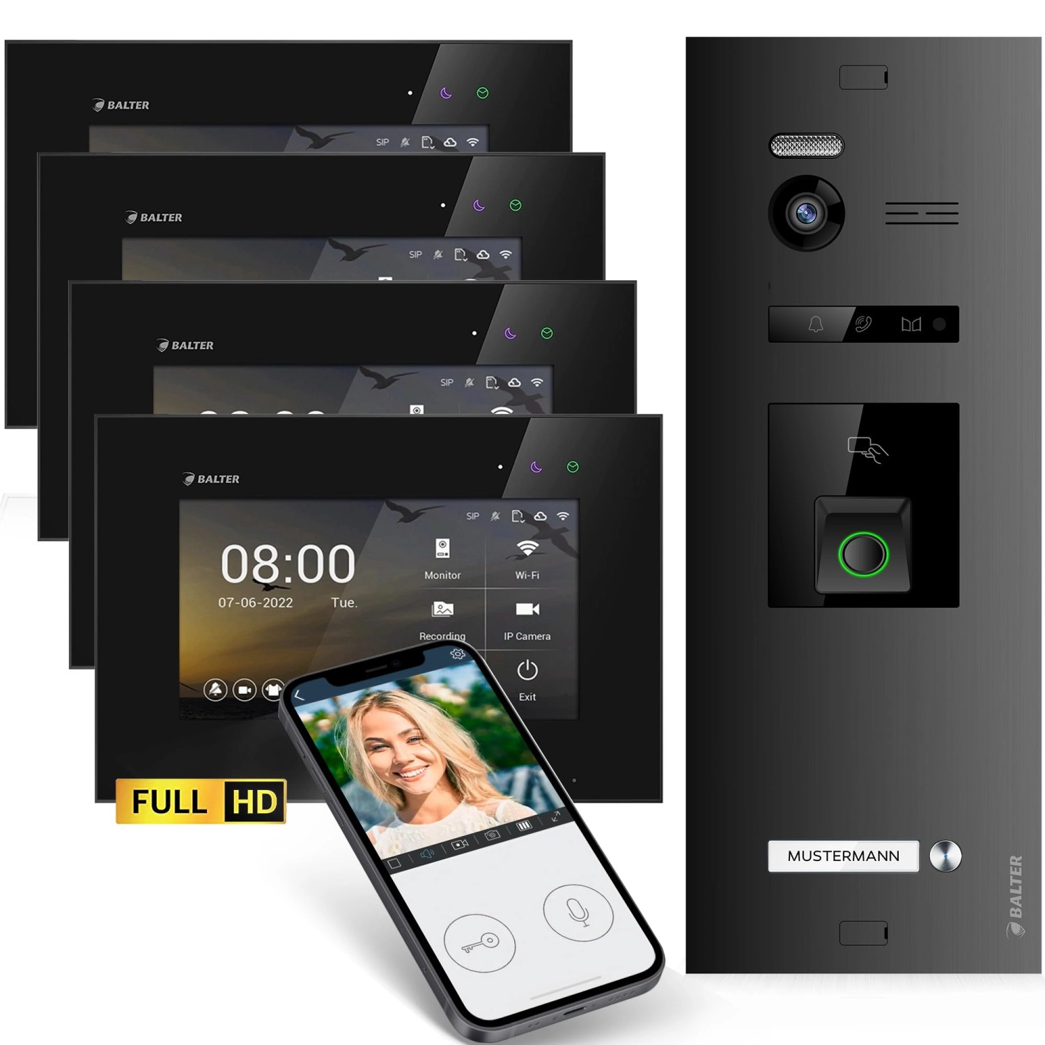 Balter EVO-HD Video-Türsprechanlage mit Fingerprint und App für Einfamilienhaus mit 4x 7 Zoll Monitor Schwarz Balter EVO-HD Video-Türsprechanlage mit Fingerprint und App für Einfamilienhaus mit 4x 7 Zoll Monitor Schwarz von Balter