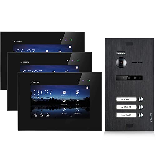 Balter EVO Video Türsprechanlage, Touchscreen, 7 Zoll Monitor Schwarz, Türstation für Mehrfamilienhaus Schwarz, 2-Draht Bus, 150° Weitwinkel-Kamera (3 Familienhaus (3 Klingel), Ohne App) von Balter