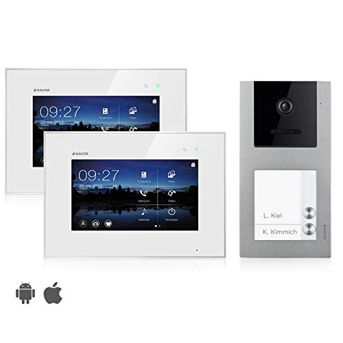 Balter EVO Video Türsprechanlage, Touchscreen, 7 Zoll Monitor, Smartphone App, 2-Draht Bus, Aufputz Türstation für Mehrfamilienhaus, RFID Funktion (2 Familienhaus, Mit App) von Balter