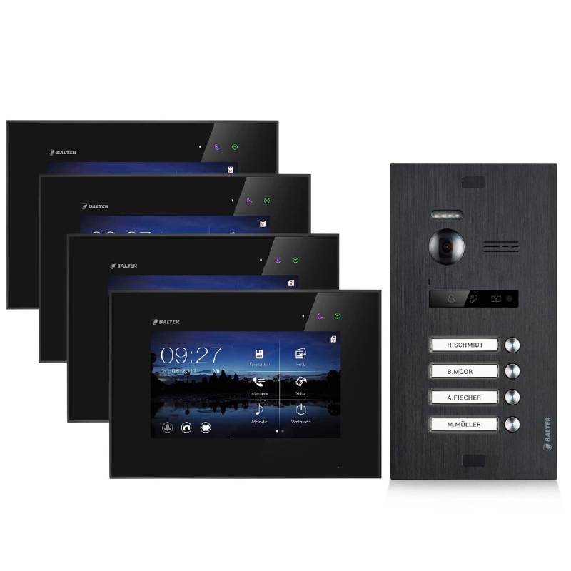 Balter EVO Video-Türsprechanlage für Vierfamilienhaus mit 4x 7 Zoll Monitor Schwarz von Balter