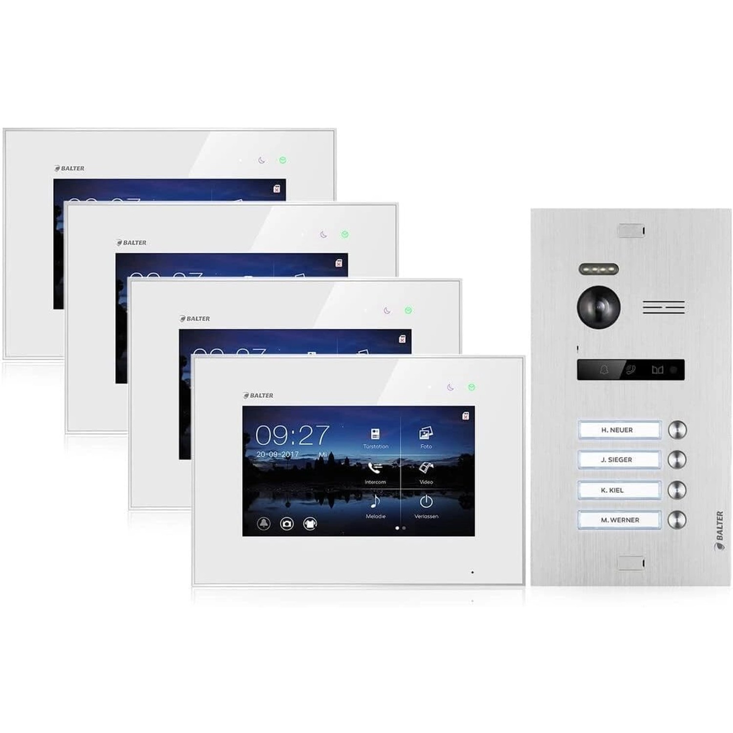 Balter EVO Video-Türsprechanlage für Vierfamilienhaus mit 4x 7 Zoll Monitor Silber-Weiß von Balter