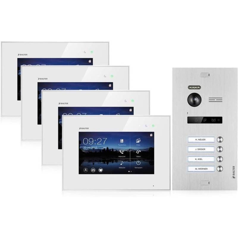 Balter EVO Video-Türsprechanlage für Vierfamilienhaus mit 4x 7 Zoll Monitor Silber-Weiß von Balter