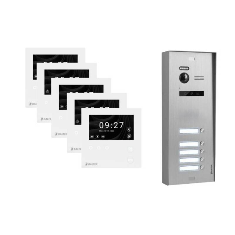 Balter Evo-HD-Mini Aufputz Video Türsprechanlage 2-Draht Bus für 5-Familienhaus mit 4,3 Zoll WiFi Monitor Silber von Balter