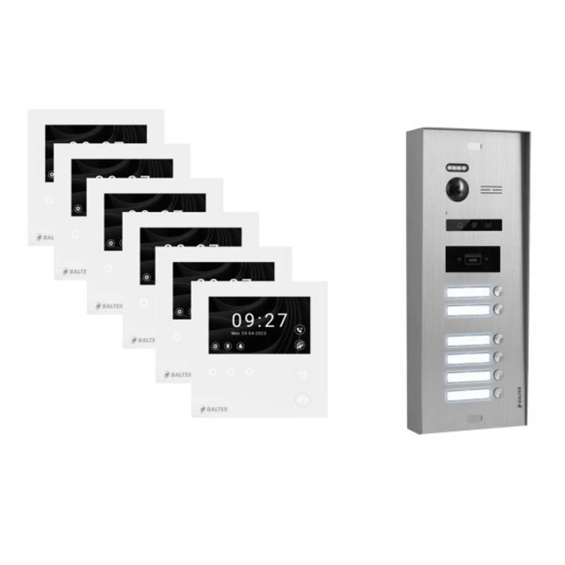 Balter Evo-HD-Mini Aufputz Video Türsprechanlage 2-Draht Bus für 6-Familienhaus mit 4,3 Zoll WiFi Monitor Silber von Balter