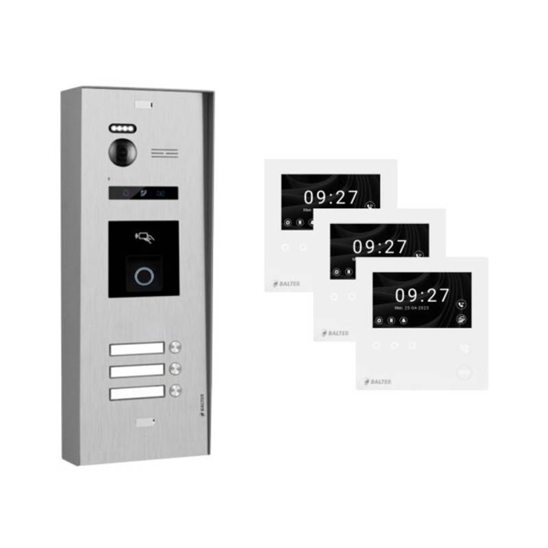 Balter Evo-HD-Mini Aufputz Video Türsprechanlage mit Fingerprint für 3-Familienhaus mit 3x 4,3 Zoll WiFi Monitor Silber von Balter