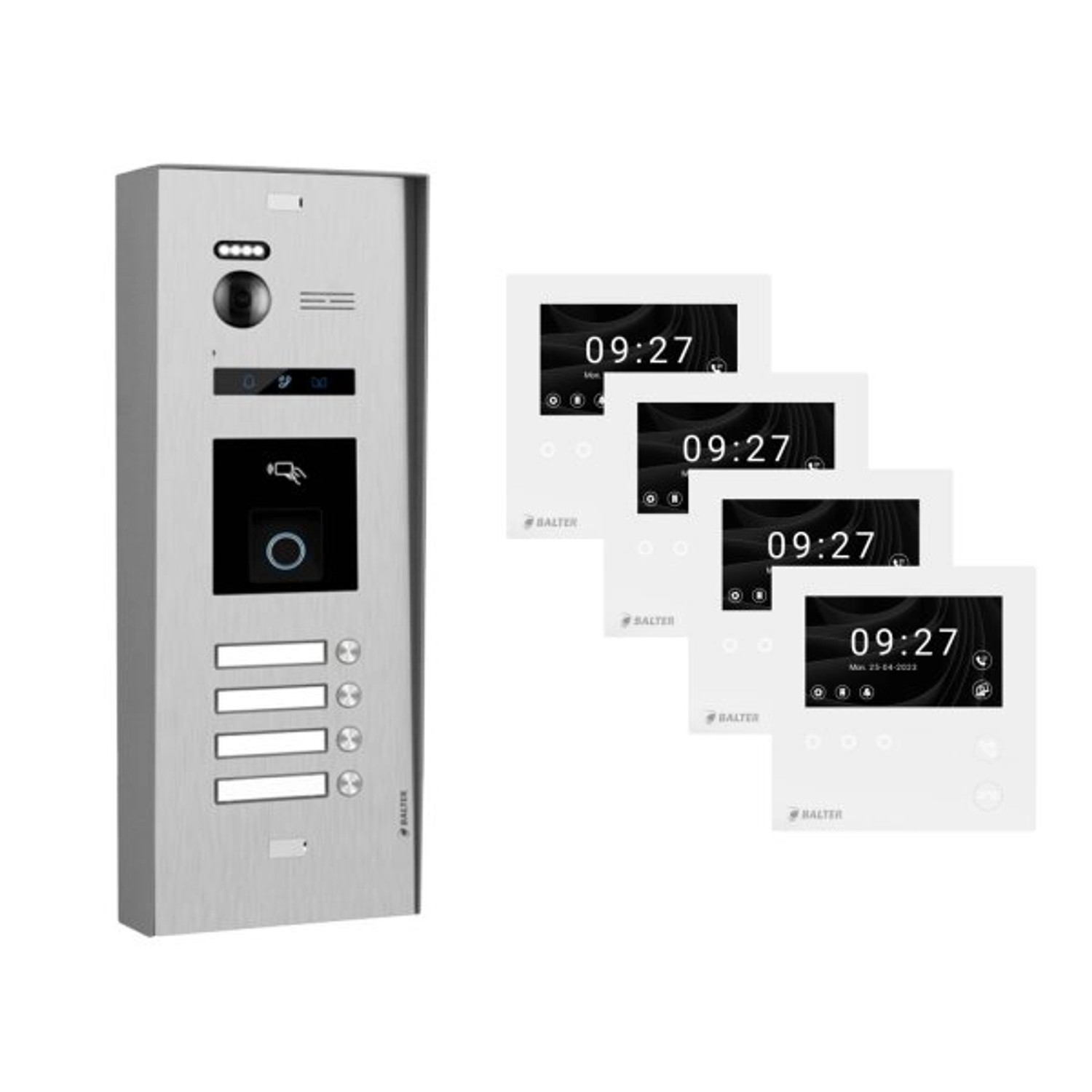 Balter Evo-HD-Mini Aufputz Video Türsprechanlage mit Fingerprint für 4-Familienhaus mit 4x 4,3 Zoll Monitor Silber von Balter