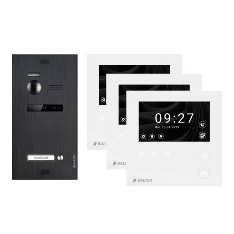 Balter Evo-HD-Mini Video Türsprechanlage Komplettsystem für 1-Familienhaus mit 3x 4,3 Zoll WiFi Monitor Schwarz von Balter