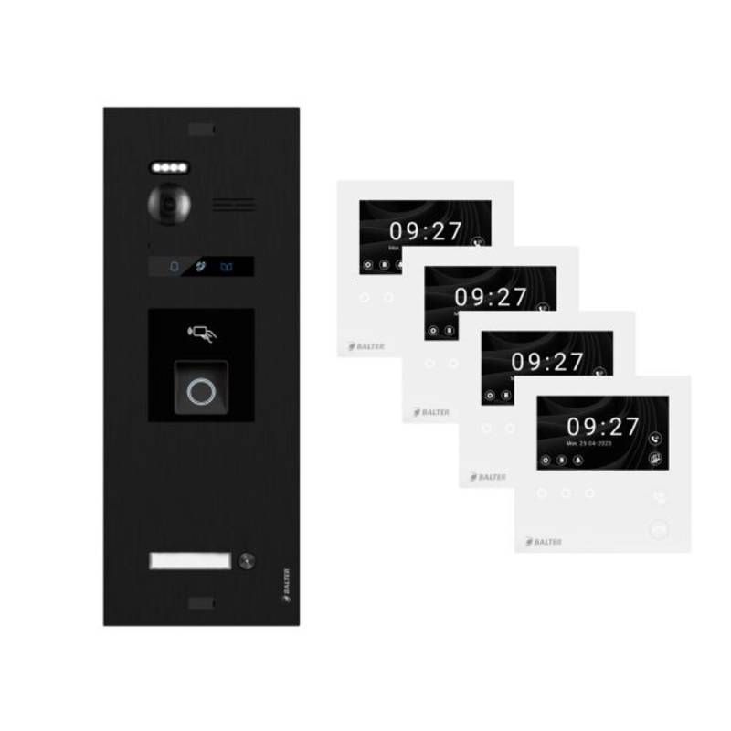 Balter Evo-HD-Mini Video Türsprechanlage mit Fingerprint Komplettset für 1-Familienhaus mit 4x 4,3 Zoll WiFi Monitor Schwarz von Balter