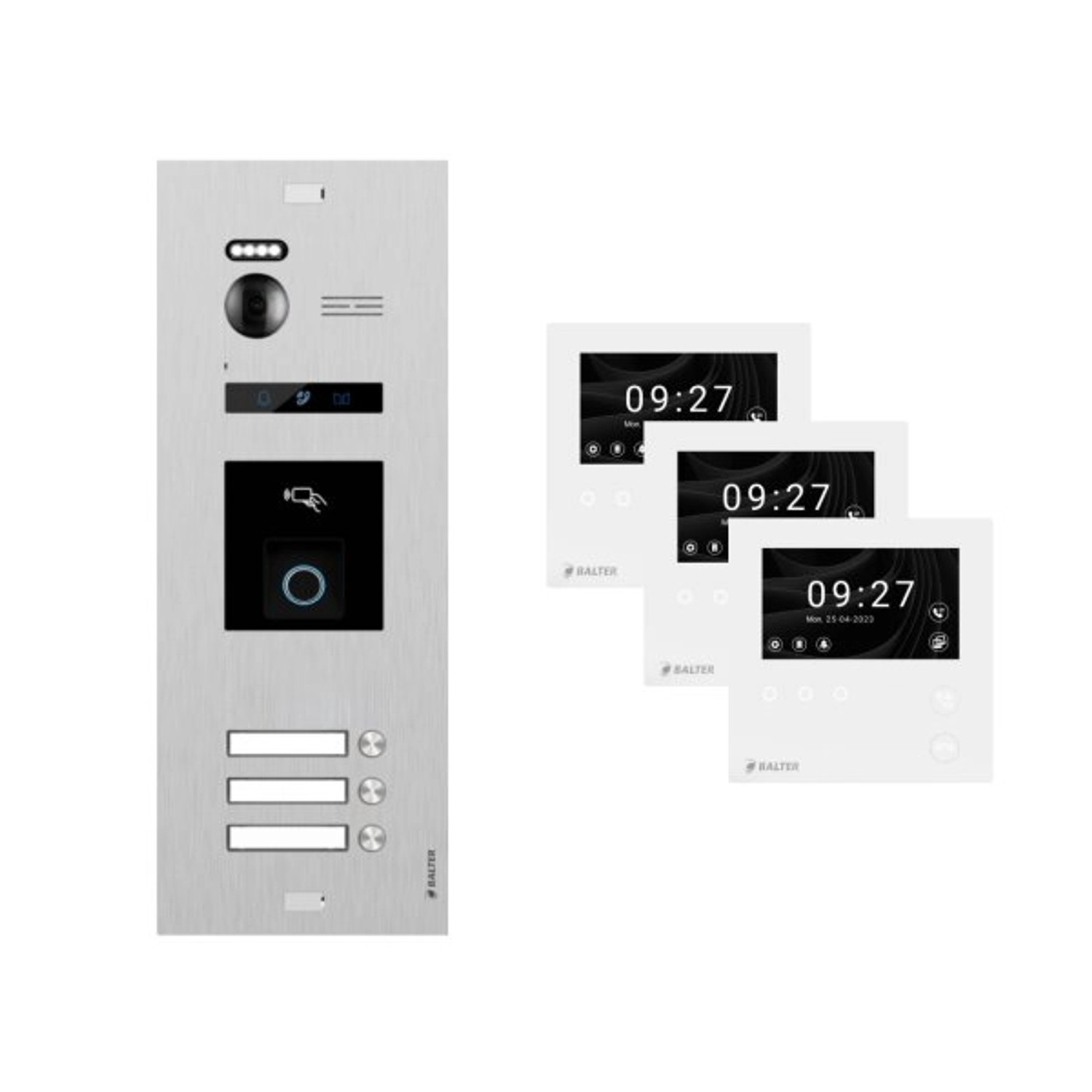 Balter Evo-HD-Mini Video Türsprechanlage mit Fingerprint Komplettset für 3-Familienhaus mit 3x 4,3 Zoll Monitor Silber von Balter