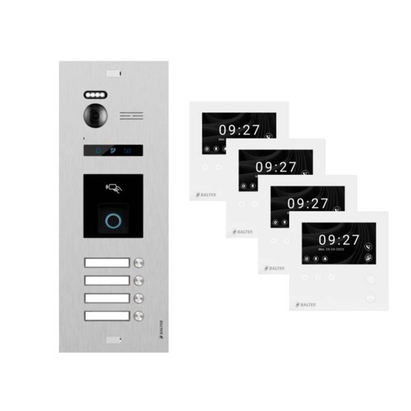 Balter Evo-HD-Mini Video Türsprechanlage mit Fingerprint Komplettset für 4-Familienhaus mit 4x 4,3 Zoll Monitor Silber von Balter