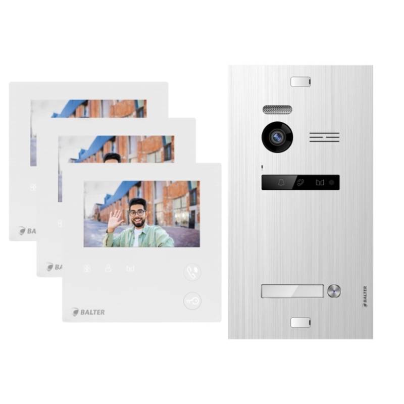 Balter Evo Mini Video Türsprechanlage 2-Draht Bus Komplettsystem für 1-Familienhaus mit 3x 4,3 Zoll Monitor Silver von Balter
