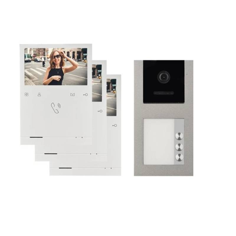 Balter Evo Quick Aufputz Video Türsprechanlage für 3 Familienhaus mit 3x 4,3 Zoll Monitor 2-Draht Bus Grau von Balter