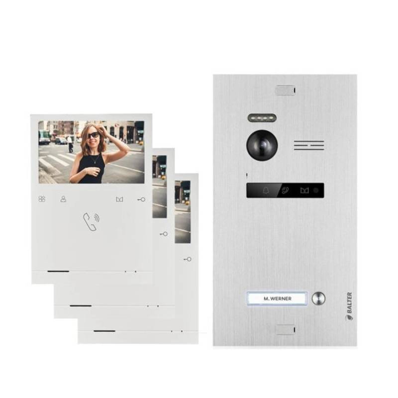 Balter Evo Quick Video Türsprechanlage für 1 Familienhaus mit 3x 4,3 Zoll Monitor 2-Draht Bus Silber von Balter