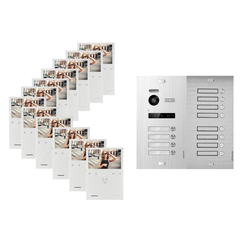 Balter Evo Quick Video Türsprechanlage für 12 Familienhaus mit 12x 4,3 Zoll Monitor 2-Draht Bus Silber von Balter