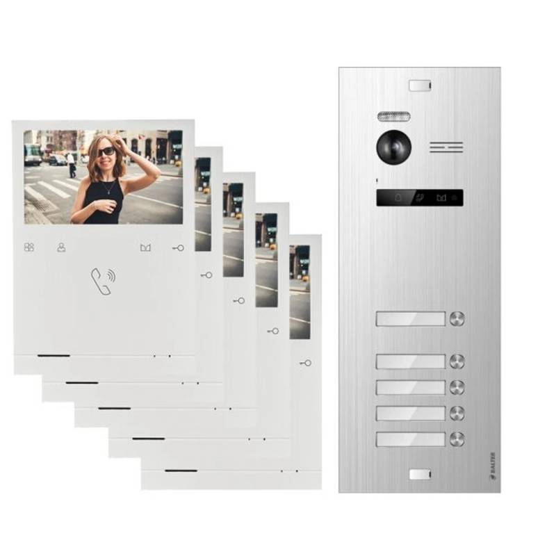 Balter Evo Quick Video Türsprechanlage für 5 Familienhaus mit 5x 4,3 Zoll Monitor 2-Draht Bus Silber von Balter