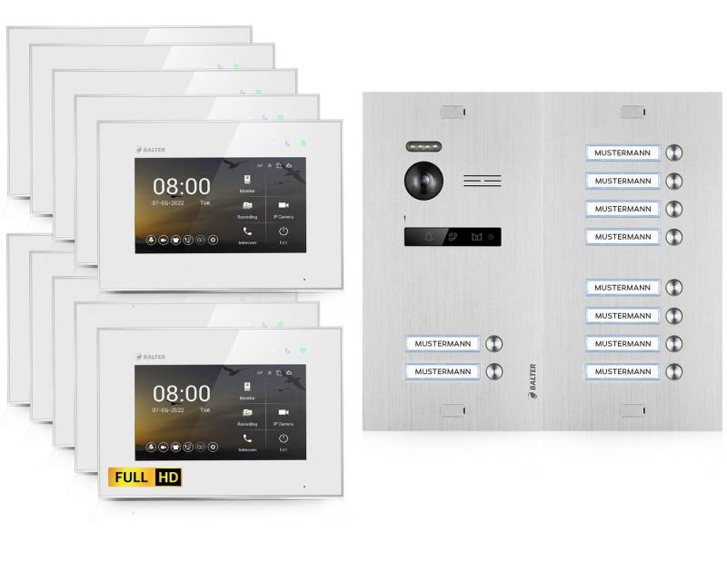 Balter Video-Türsprechanlage HD Video Türsprechanlage für 10 Familienhaus, 10x Monitor (4x 7" Full HD Monitore) von Balter