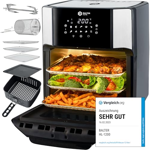 Balter Heißluftfritteuse Airfryer, 12 Liter XXL, Mini Backofen, Dörrautomat, Friteuse Heissluftfritteuse, 10 Programme, all-in-1 Air Fryer, Rezeptbuch, HL-1200 von Balter