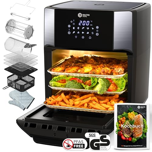 Balter Heißluftfritteuse HL-1200-BL, 12 Liter, Friteuse, LED Touchscreen, 10 Programme, Dörrautomat, 1800W Heissluftfritteuse airfryer, 100 Rezepte auf Deutsch, Minibackofen von Balter
