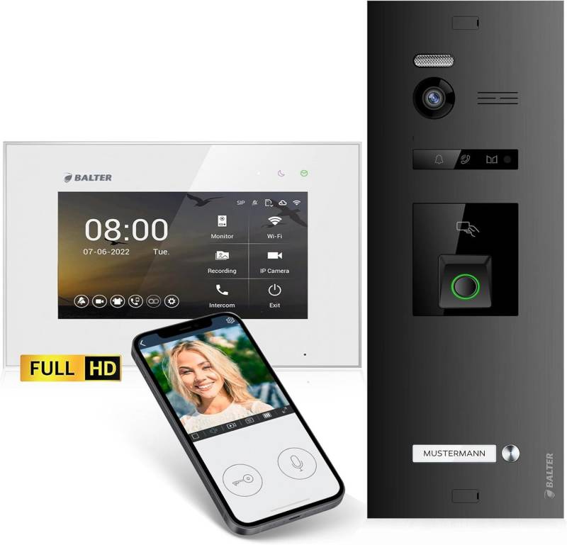 Balter Video-Türsprechanlage EVO HD Fingerprint RFID und App für 1 Familienhaus, 1x Monitor (Komplettset, 4-tlg., App, Fingerprint, RFID, 2-Draht-Bus) von Balter