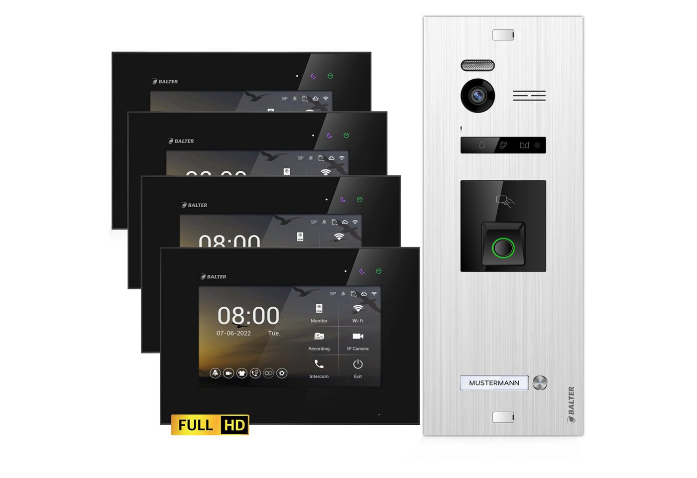 Balter Video-Türsprechanlage EVO HD Fingerprint und RFID für 1 Familienhaus, 4x Monitor (Einfamilienhaus, Komplettset, 9-tlg., 175°Weitwinkel, Full HD Video, Bild/Videospeicher, 2-Draht Technologie) Balter Video-Türsprechanlage EVO HD Fingerprint und RFID für 1 Familienhaus, 4x Monitor (Einfamilienhaus, Komplettset, 9-tlg., 175°Weitwinkel, Full HD Video, Bild/Videospeicher, 2-Draht Technologie) von Balter