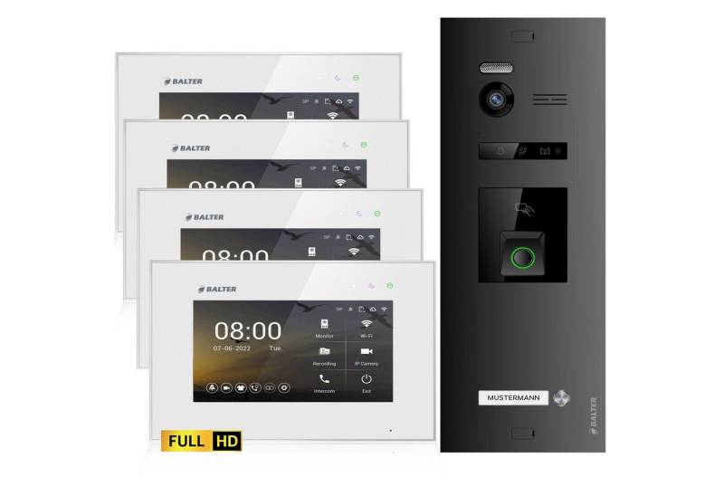 Balter Video-Türsprechanlage EVO HD Fingerprint und RFID für 1 Familienhaus 4x Monitore (Komplettset, 9-tlg., App, Fingerprint, RFID, 2-Draht-Bus) von Balter