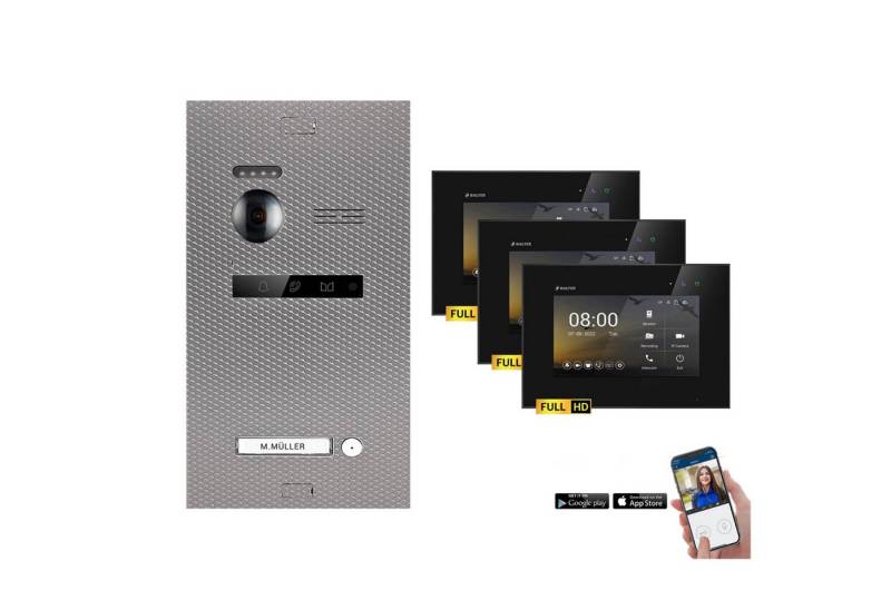 Balter Video-Türsprechanlage EVO-HD Komplettset 1-Familie Karbon-Silver 3x 7" WLAN Monitore Schwarz (Set, 1-Familienhaus, Komplettset, FullHD Kamera, mit App) von Balter