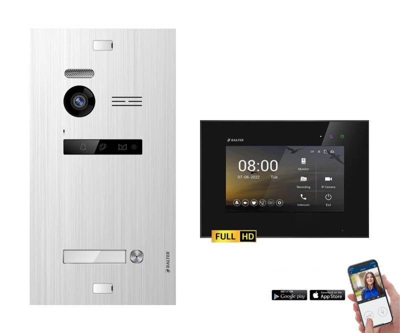 Balter Video-Türsprechanlage EVO-HD Komplettset 1-Familie Silber 1x 7" WLAN Monitor Schwarz (Set, 1-Familienhaus, Komplettset, FullHD Kamera, mit App) von Balter