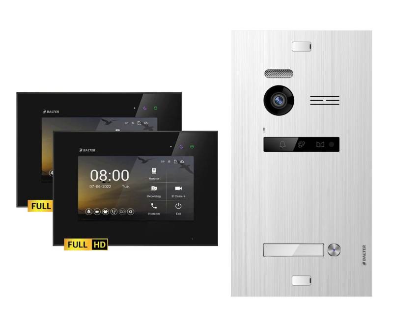 Balter Video-Türsprechanlage EVO-HD Komplettset 1-Familie Silber 2x 7" Monitore Schwarz (Set, 1-Familienhaus, Komplettset, FullHD Kamera) von Balter
