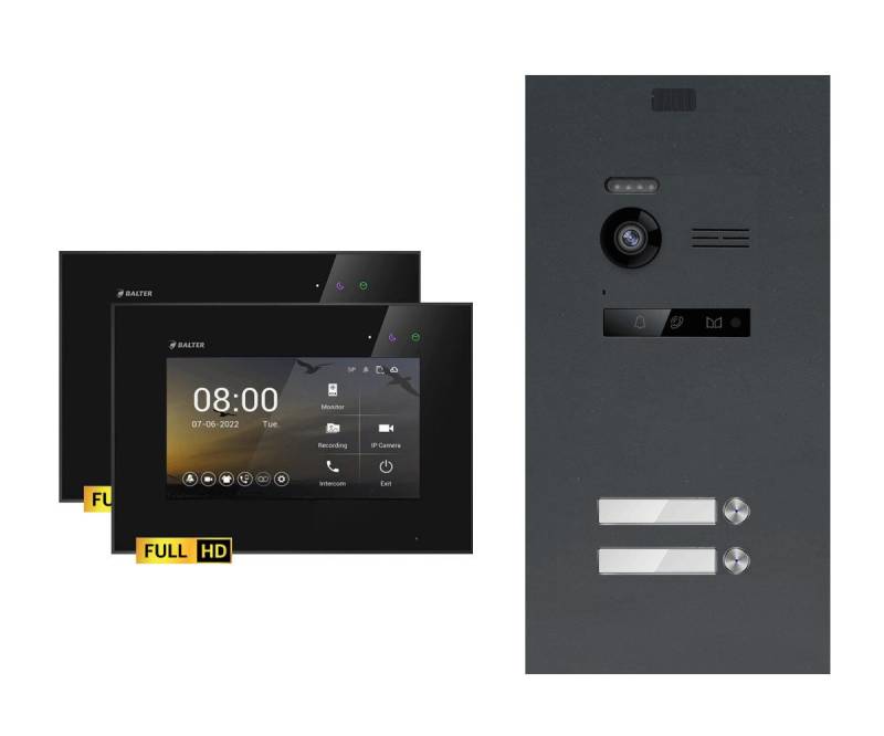 Balter Video-Türsprechanlage EVO-HD Komplettset 2-Familie Anthrazit 2x 7" Monitor Schwarz (Set, 2-Familienhaus, Komplettset, FullHD Kamera) von Balter
