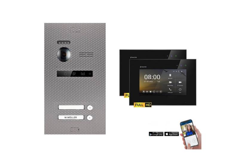 Balter Video-Türsprechanlage EVO-HD Komplettset 2-Familie Karbon-Silver 2x 7" WLAN Monitor Schwarz (Set, 2-Familienhaus, Komplettset, FullHD Kamera, mit App) von Balter