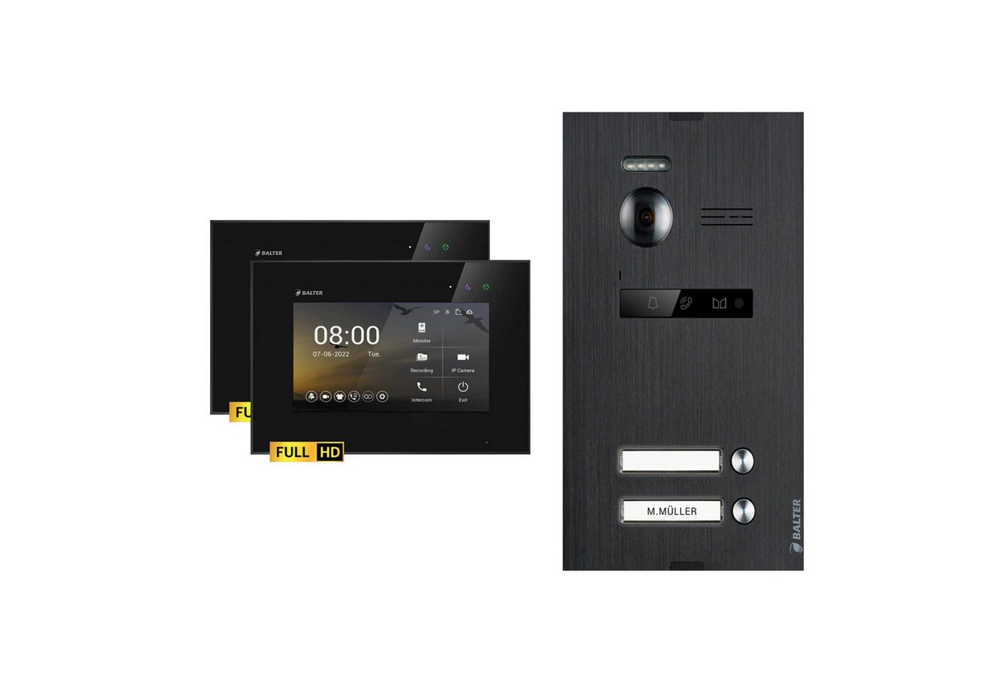 Balter Video-Türsprechanlage EVO-HD Komplettset 2-Familie Schwarz 2x 7" Monitor Schwarz (Set, 2-Familienhaus, Komplettset, FullHD Kamera) von Balter
