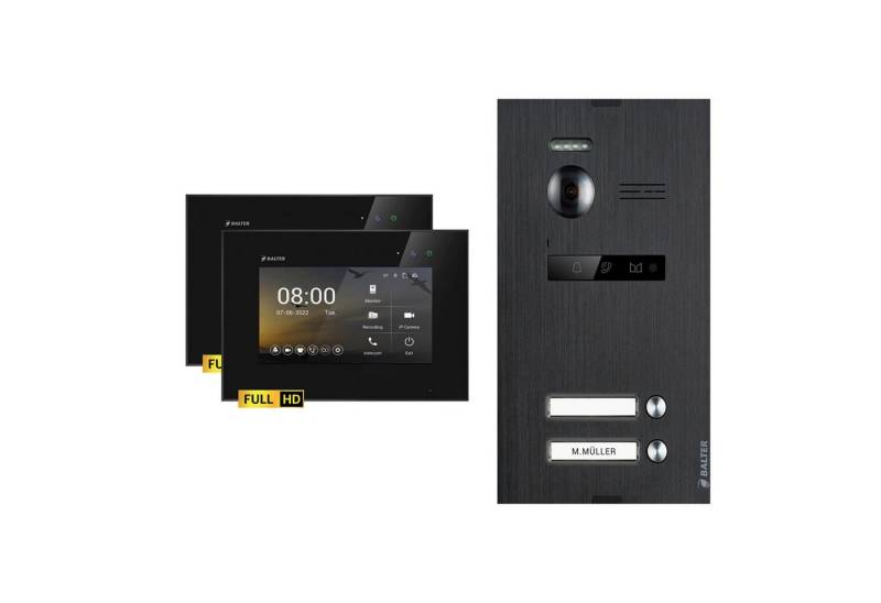 Balter Video-Türsprechanlage EVO-HD Komplettset 2-Familie Schwarz 2x 7" Monitor Schwarz (Set, 2-Familienhaus, Komplettset, FullHD Kamera) von Balter