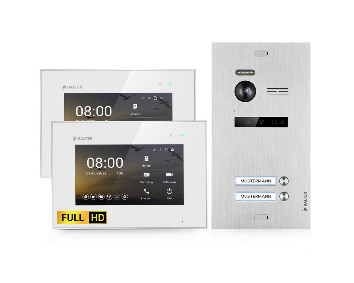 Balter Video-Türsprechanlage EVO-HD Komplettset 2-Familie Silber 2x 7" Monitor Weiß (Set, 2-Familienhaus, Komplettset, FullHD Kamera) von Balter