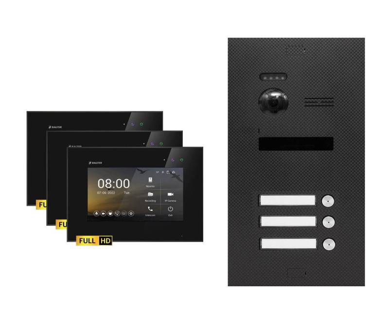 Balter Video-Türsprechanlage EVO-HD Komplettset 3-Familie Karbon-Graphit 3x 7" Monitor Schwarz (Set, 3-Familienhaus, Komplettset, FullHD Kamera) von Balter