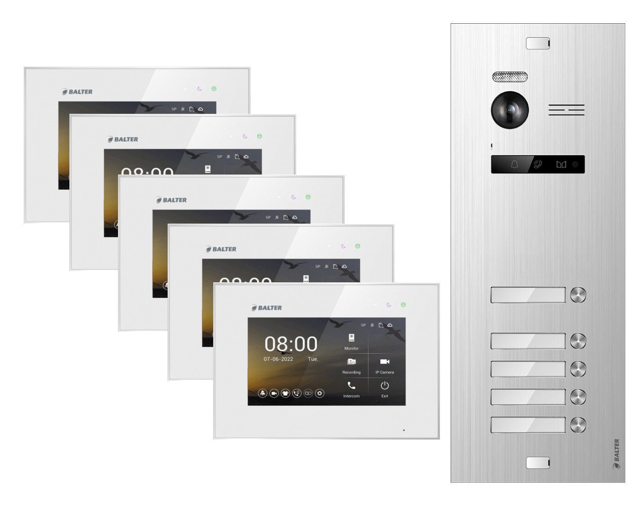 Balter Video-Türsprechanlage EVO-HD Komplettset 5-Familie Silber 5x 7" Monitor Weiß (Set, 5-Familienhaus, Komplettset, FullHD Kamera) von Balter
