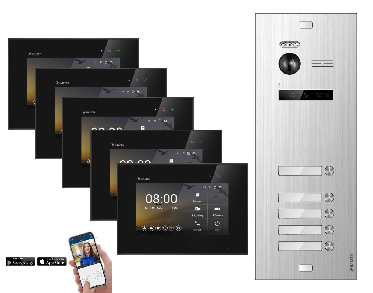 Balter Video-Türsprechanlage EVO-HD Komplettset 5-Familie Silber 5x 7" WLAN Monitor Schwarz (Set, 5-Familienhaus, Komplettset, FullHD Kamera, mit App) von Balter