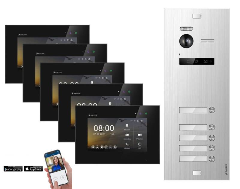 Balter Video-Türsprechanlage EVO-HD Komplettset 5-Familie Silber 5x 7" WLAN Monitor Schwarz (Set, 5-Familienhaus, Komplettset, FullHD Kamera, mit App) von Balter