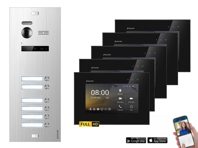 Balter Video-Türsprechanlage EVO-HD Komplettset 6-Familie Silber 6x 7" WLAN Monitor Schwarz (Set, 6-Familienhaus, Komplettset, FullHD Kamera, mit App) von Balter